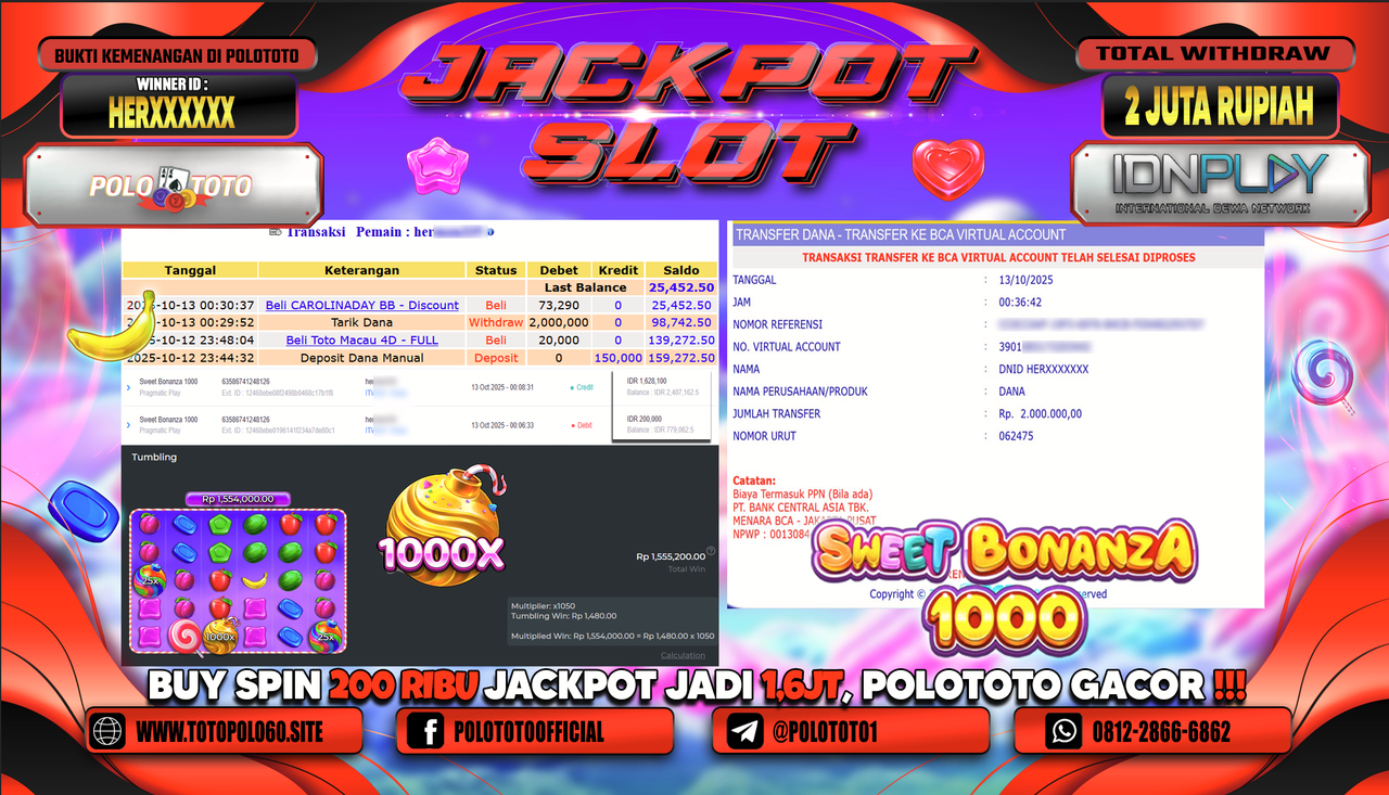 POLOTOTO JACKPOT SLOT SWEET BONANZA 1000 Rp.2.000.000,- LUNAS