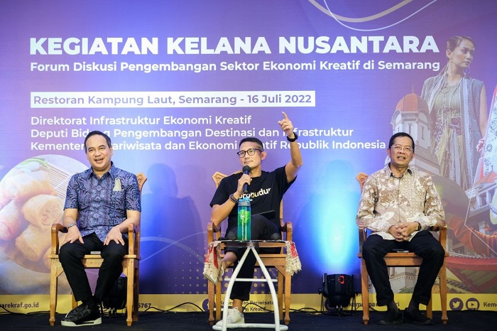 Menparekraf Sandiaga Uno saat hadir pada acara Kelana Nusantara, di Restoran Kampung Laut Semarang, Jawa Tengah, Sabtu (16/7/2022).