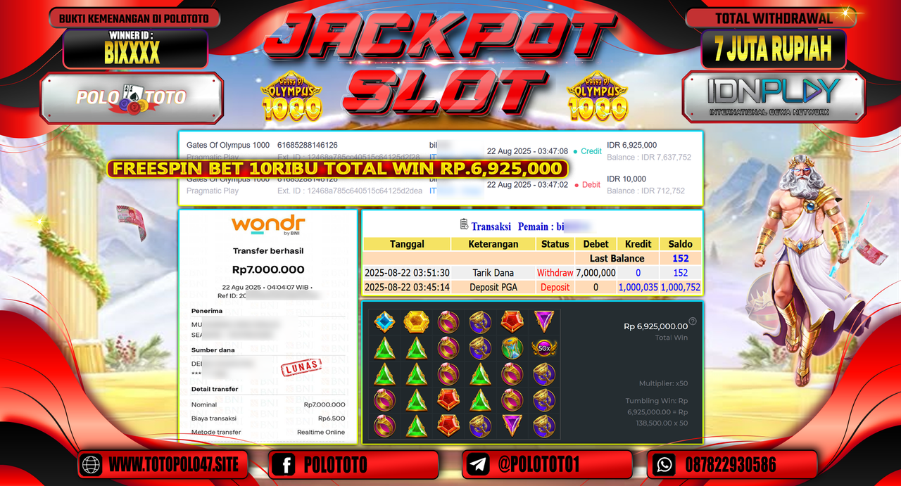 POLOTOTO JACKPOT SLOT GATES OF OLYMPUS 1000 Rp.7.000.000,-