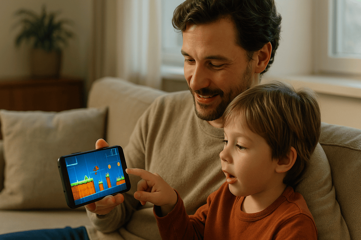 Родитель и ребенок вместе смотрят Geometry Dash на телефоне