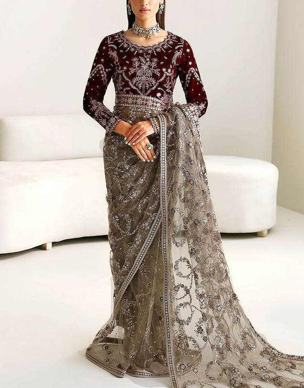 Luxury Heavy Embroidered Velvet + NET Bridal Wear Saree 2026