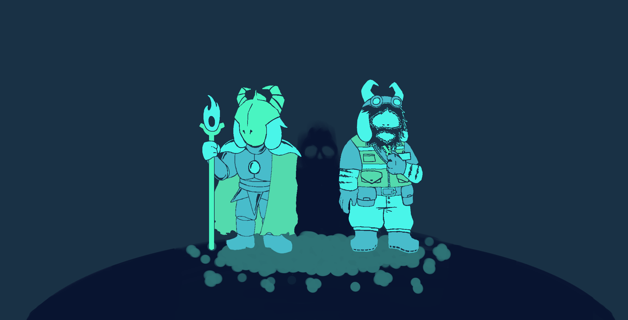Toriel and Asgore standing parallel to each other, with Sans's hazy silhouette dividing them both.
