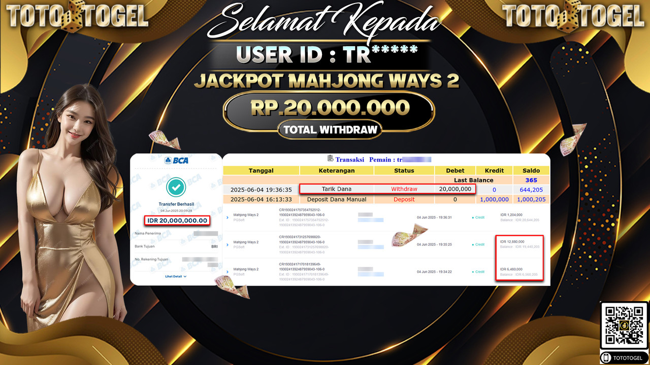 Bukti Pembayaran Jackpot Permainan Slot Mahjong Ways 2 ID:TR***** LUNAS