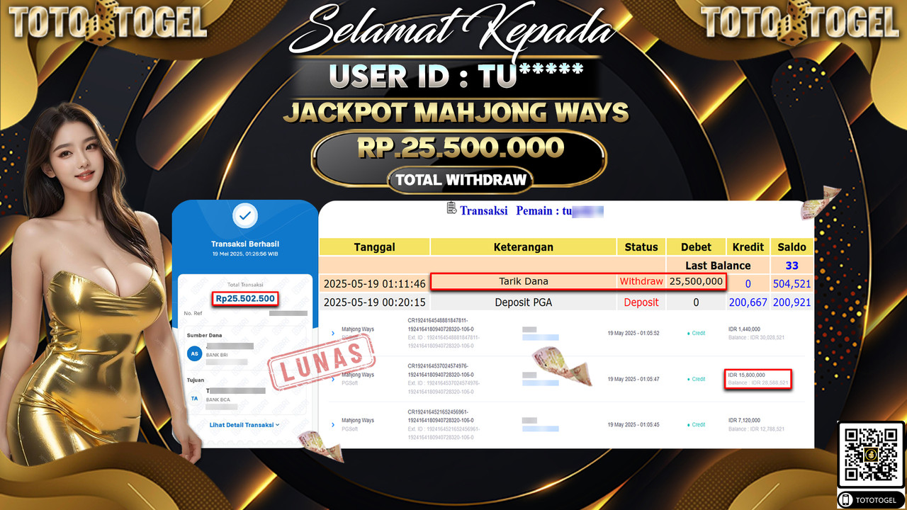 Bukti Pembayaran Jackpot Permainan Slot Mahjong WaysID:TU***** LUNAS