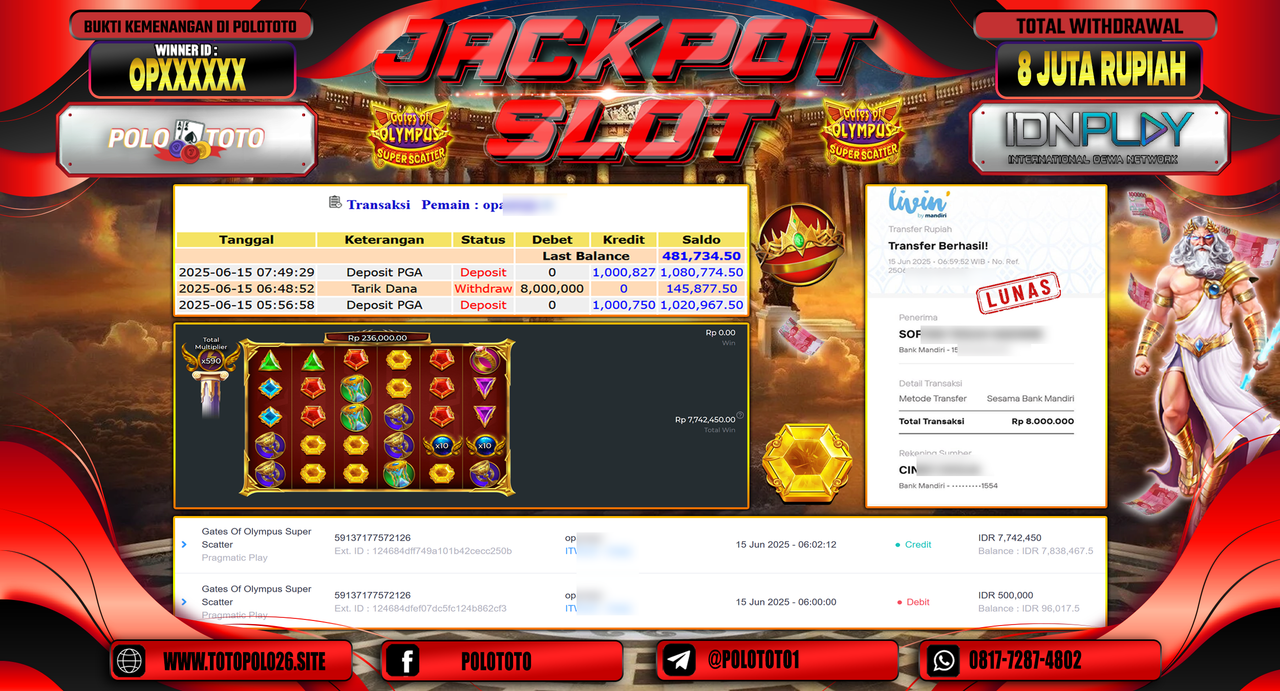 POLOTOTO JACKPOT SLOT GATES OF OLYMPUS SUPER SCATTER Rp.8.000.000,-