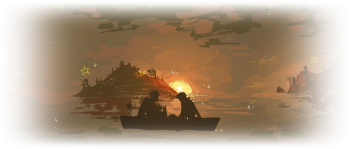 a drawing made by AYOOEVY on twitter. it shows the silhouettes of c!tommy and c!eryn from the dsmp sitting on a small boat together. behind them is a sunset, hills, clouds, and the water. the sunset has made the drawing completely yellow, brown, a little green, and there's stars and shines interspersed throughout the sky. the drawing has been resized to be much smaller and has been given blurred edges, the left and right sides being blurred more than the top and bottom.