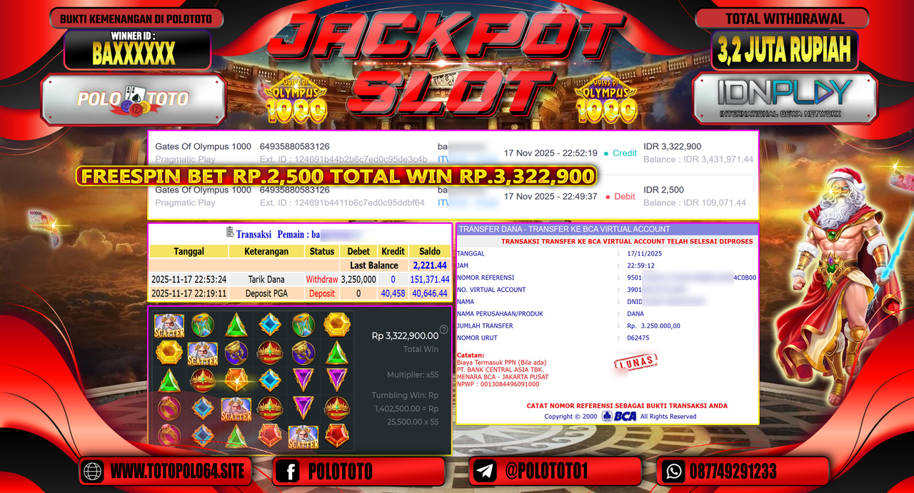 POLOTOTO JACKPOT SLOT GATES OF OLYMPUS 1000 Rp.3.200.000,- LUNAS