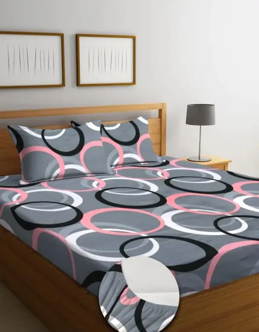 Super Soft Glace Cotton All Round Elastic Fitted Double Bed Bedsheet with 2 Pillow Covers-72x78x8 Inches-fiteed_Double Color 1 (R605)