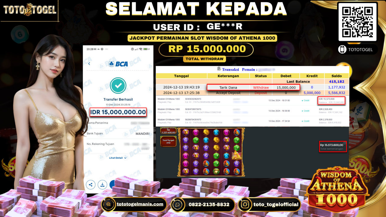 Bukti Pembayaran Jackpot Permainan Slot Wisdom Of Athena 1000 ID: GE***R LUNAS