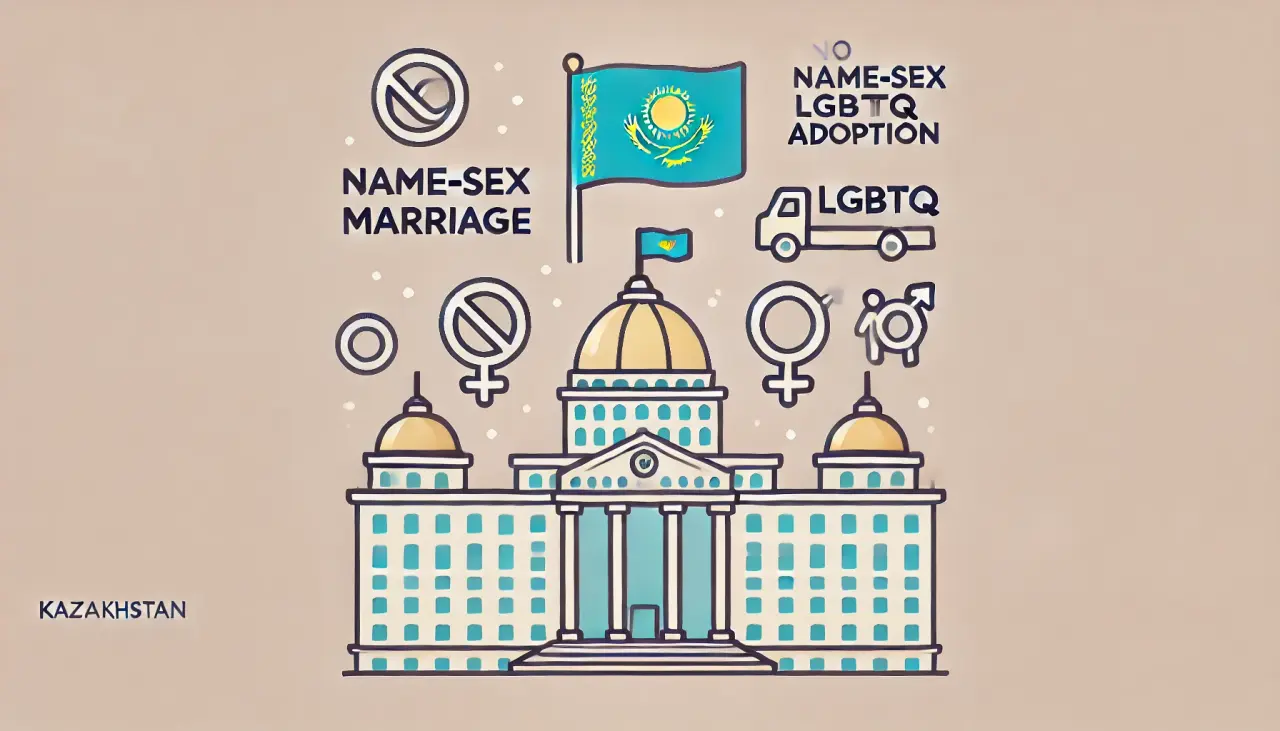 Illustration of government restrictions on LGBTQ rights in Kazakhstan, including bans on same-sex marriage and adoption.