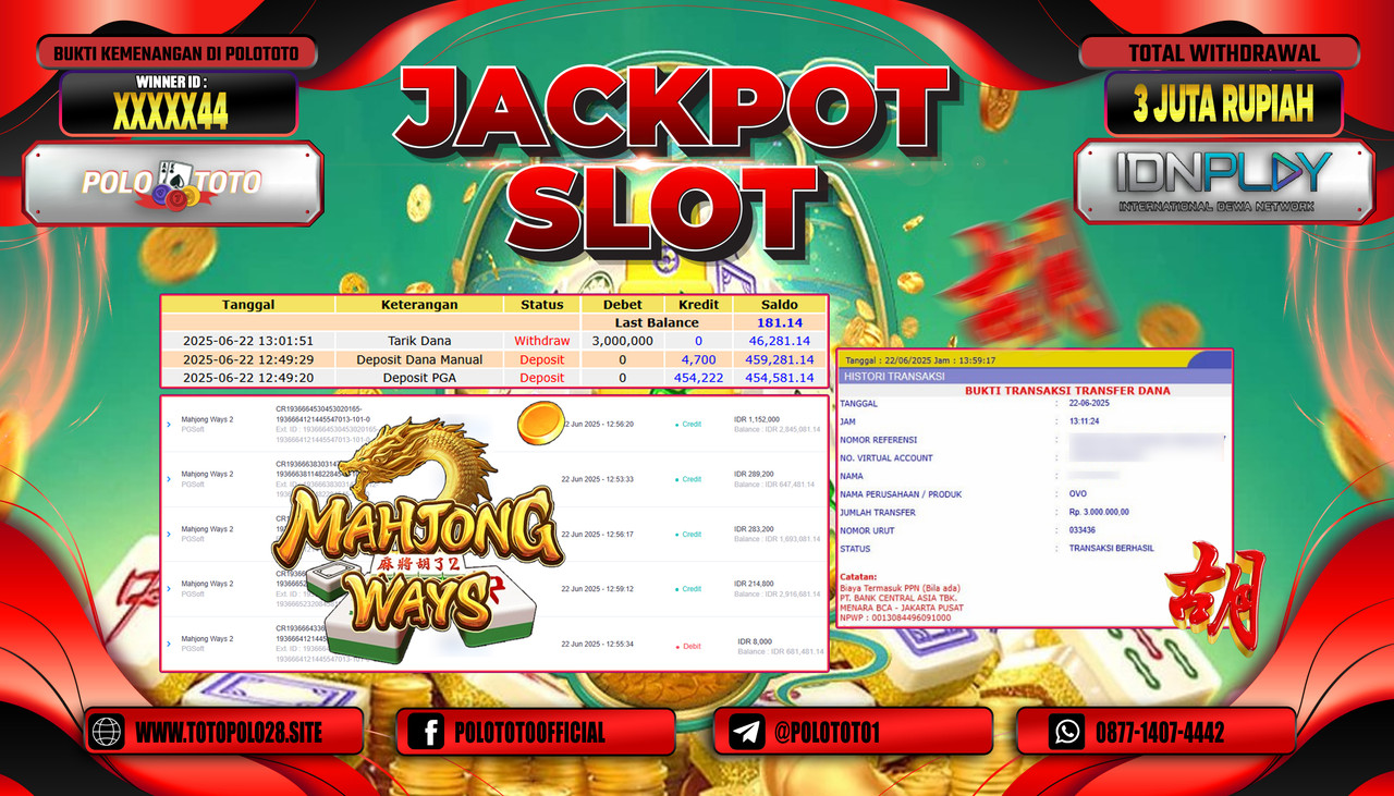 POLOTOTO JACKPOT SLOT MAHJONG WAYS 2 Rp.3.000.000,-