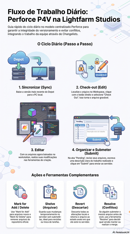 Guia visual do fluxo de versionamento no Perforce P4V — ciclo diário (Sync, Check-out, Editar, Submit) e ações complementares (Mark for Add/Delete, Shelve, Revert, Resolve)