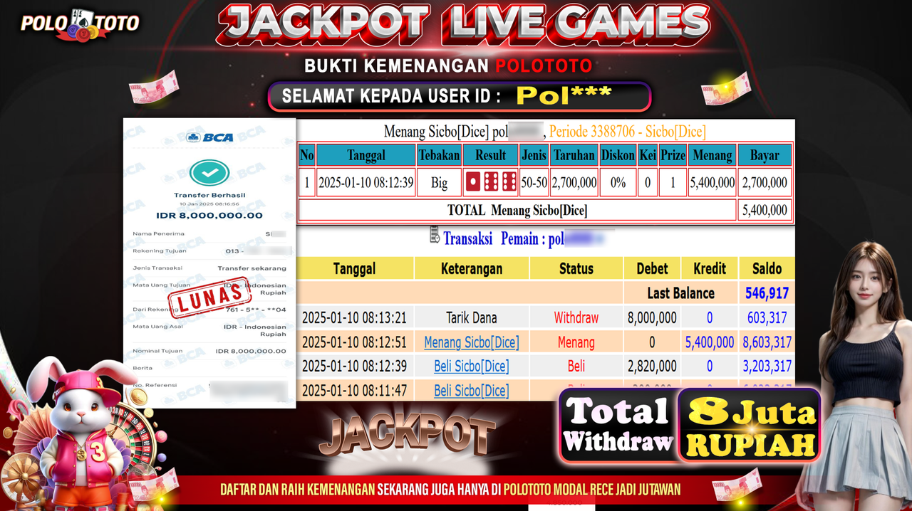 POLOTOTO JACKPOT LIVE GAMES SICBO DICE Rp.8,000.000,-