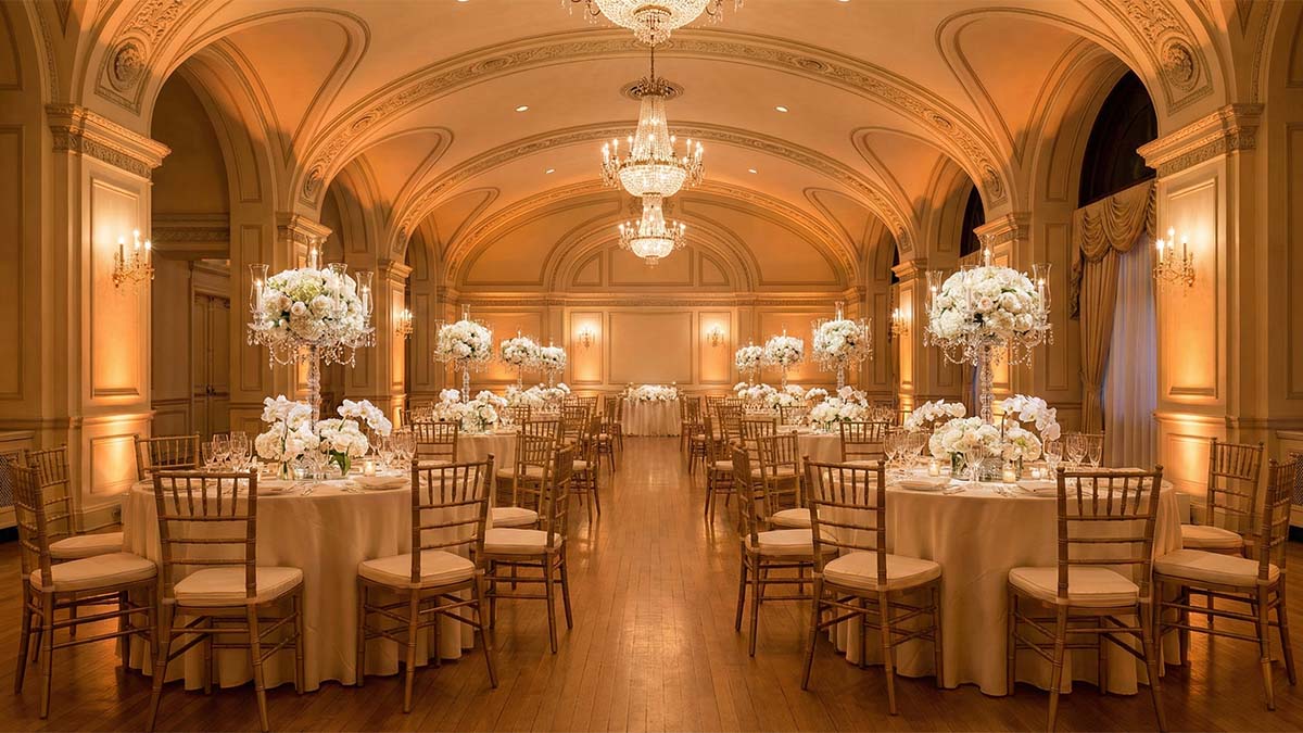 Классическая банкетная рассадка: круглые столы, симметрия и пастельные тона
