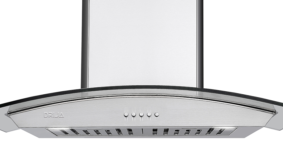Extractor de grasa tipo chimenea Drija Galaxy 76 en acabado de acero y vidrio.