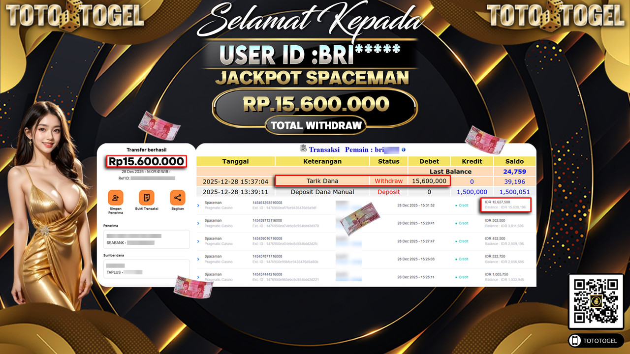 Bukti Pembayaran Jackpot Permainan Pragmatic Casino Spaceman ID:BRI**** LUNAS