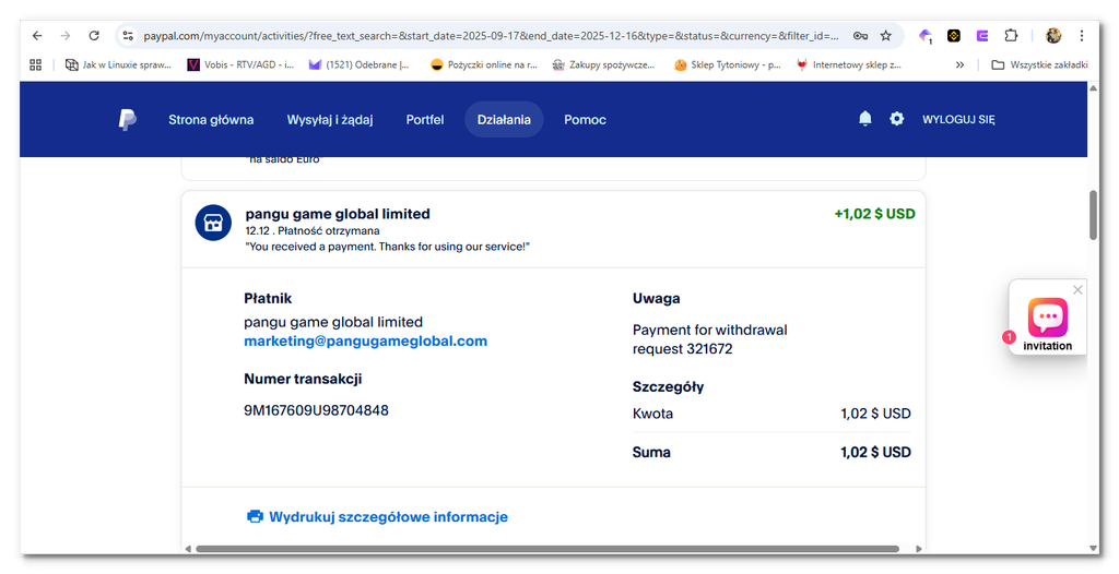 zrzut ekranu Pay Pal pangu game global limited jeden dolar dwa centy