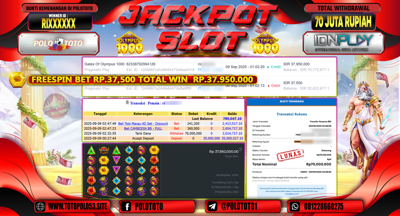 POLOTOTO JACKPOT SLOT GATES OF OLYMPUS 1000 Rp.70.000.000,-