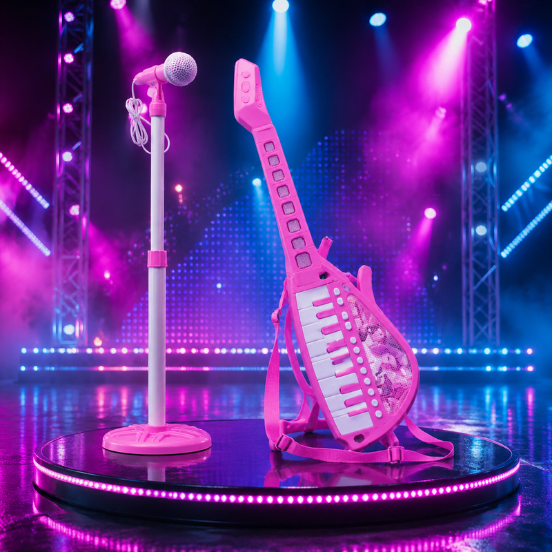 Set de guitarra teclado y micr&oacute;fono en escenario con luces
