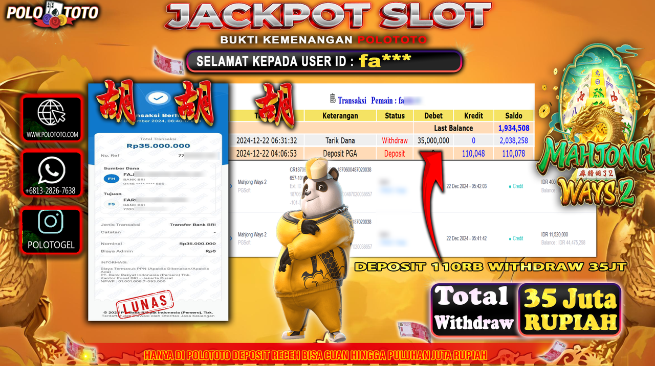 POLOTOTO JACKPOT SLOT MAHJONG WAYS 2 Rp.35,000.000,-