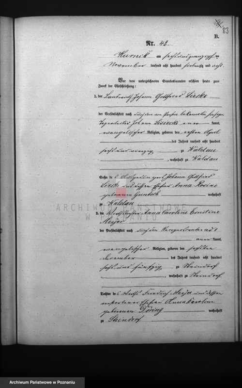 1878 Kórnik m Lieske Johann Gottfried Meyer Anne Caroline Ernestyne cz. 1 akt 42 - 53_1876_0_2_16_16