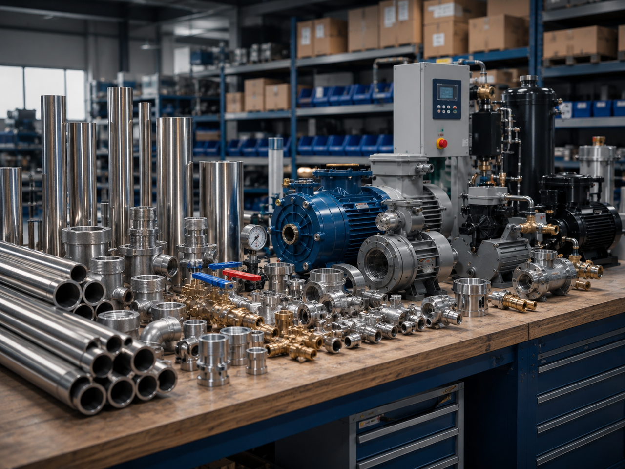Pipes, fittings and industrial supplies arranged on a professional workshop bench