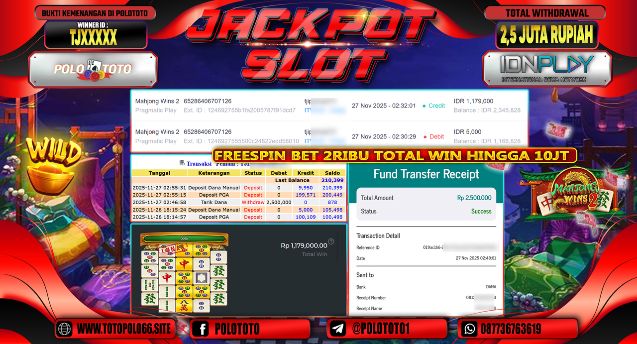 POLOTOTO JACKPOT SLOT MAHJONG WINS 2 Rp.2.500.000,- LUNAS