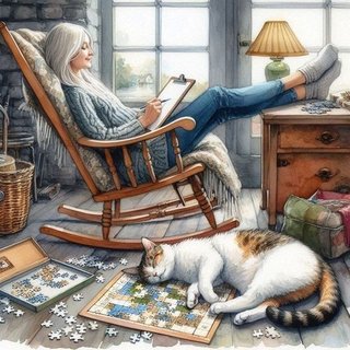 Woman-reading-in-sun-and-cat-sleeping-on-puzzle