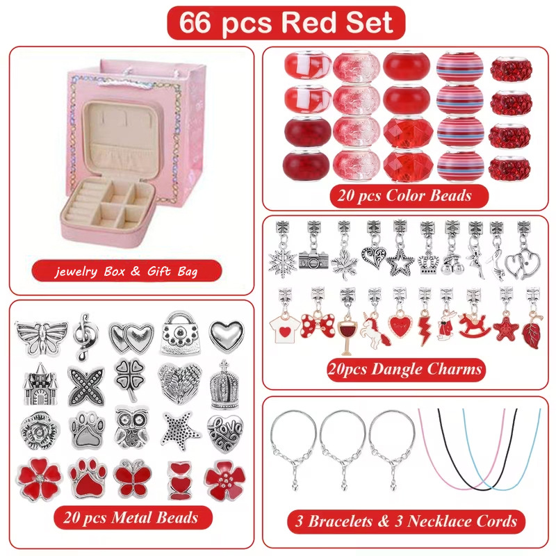 66-Piece Red Gift Bag Craft Set (Includes Beads, Charms, and Storage Case) -Unicorn DIY Bracelet Kit – Creative Jewelry Making Gift for Girls Ages 3+