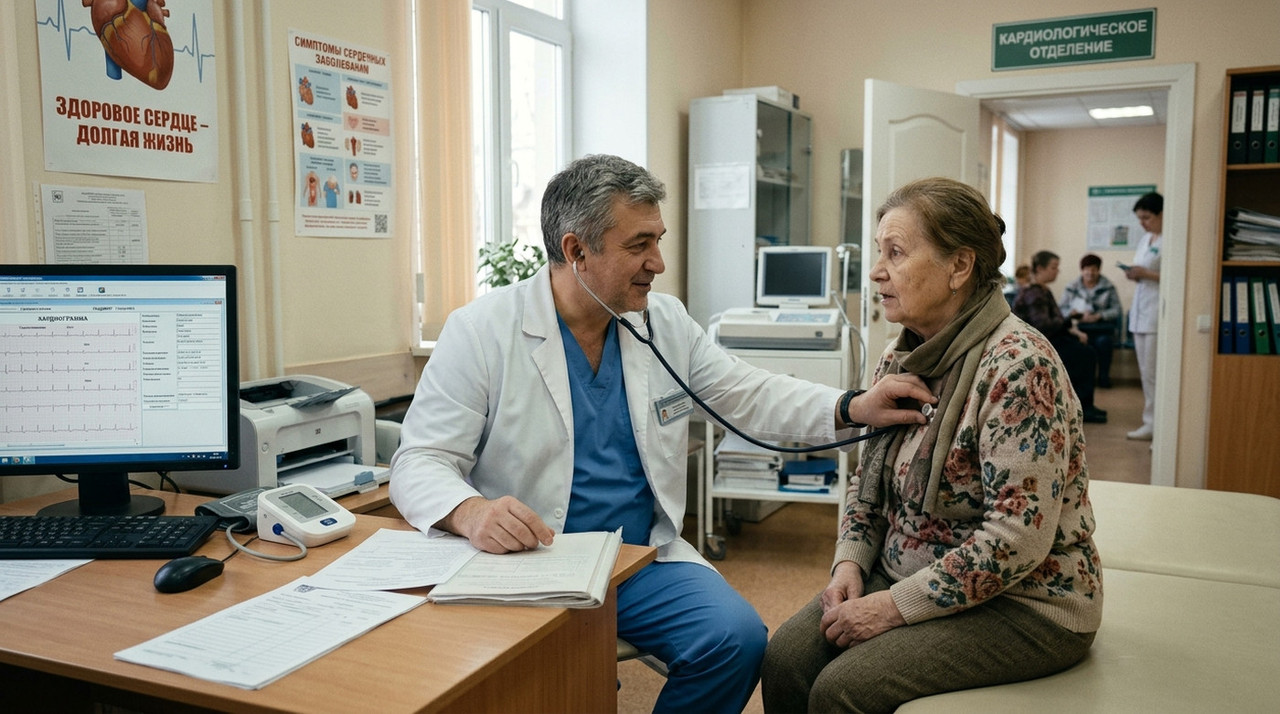 Врач выслушивает сердце пожилой пациентки с помощью стетоскопа