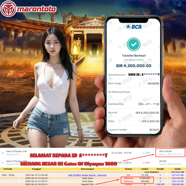 Bukti Kemenangan Member Marontoto Sebesar 4,300,000 JuTa