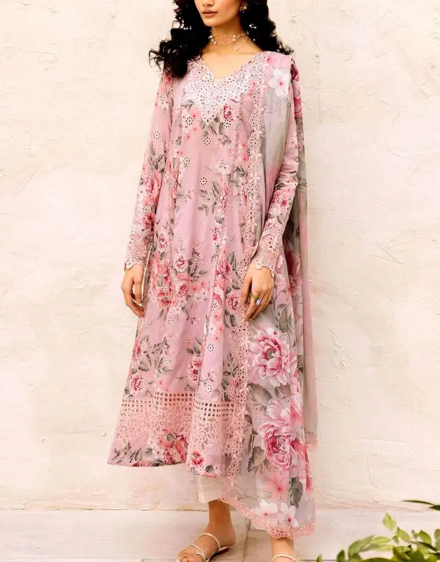 All-Over Print Schiffli Embroidered Lawn Dress 2025 with Chiffon Dupatta