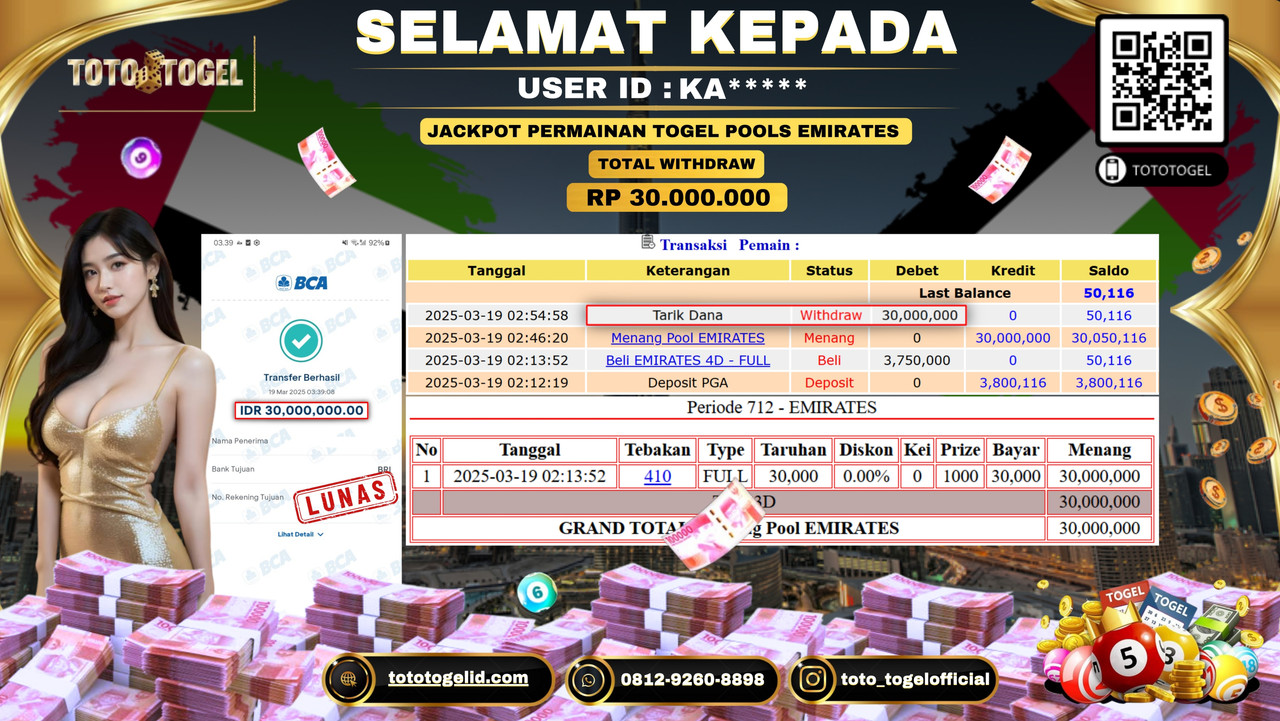 Bukti Pembayaran Jackpot  Permainan Togel Pools Emirates ID:KA***** LUNAS