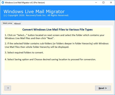 RecoveryTools Windows Live Mail Migrator v4.3