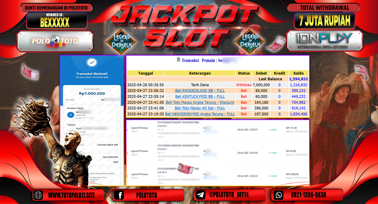 POLOTOTO JACKPOT SLOT LEGEND OF PERSEUS Rp.7.000.000,- LUNAS