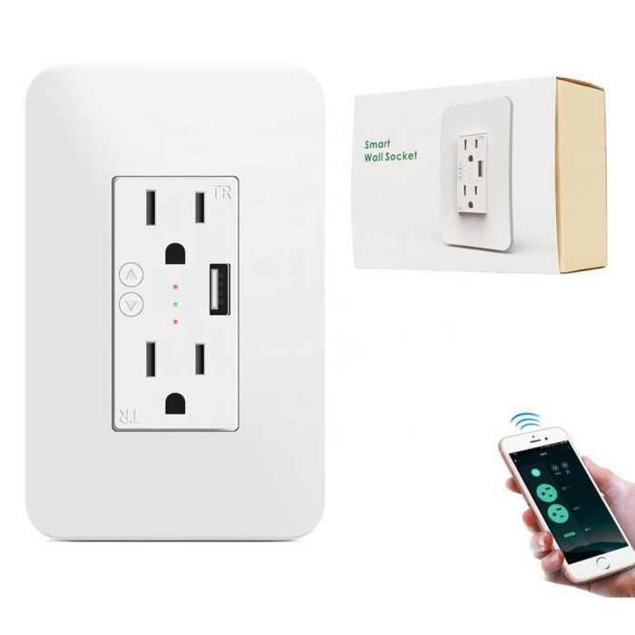Tomacorriente de pared inteligente con dos enchufes y un puerto USB.