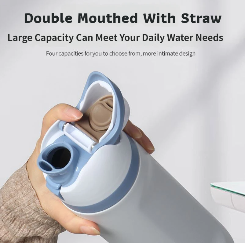 24oz Black Large Thermal Water Bottle with Dual-Sipping Lid & Built-in Straw - Leak-Proof 304 Stainless Steel Outdoor Sports Flask