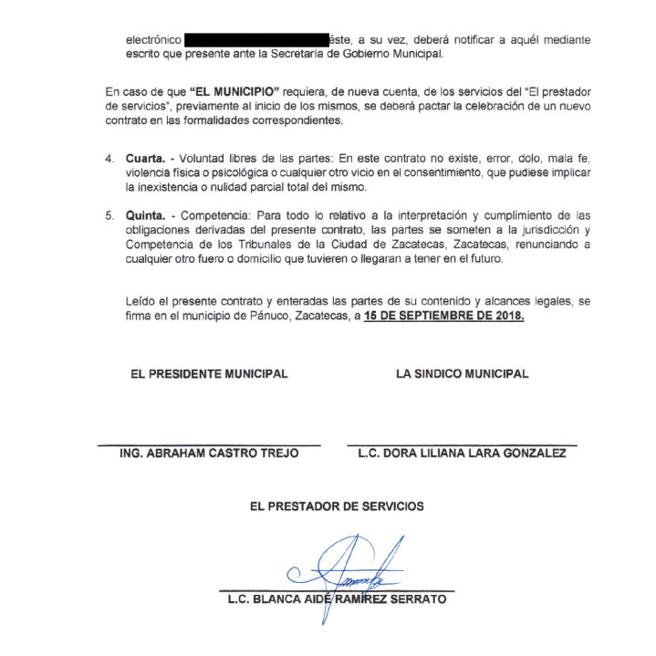 Pagina final de un contrato con los campos para la firma vacíos
