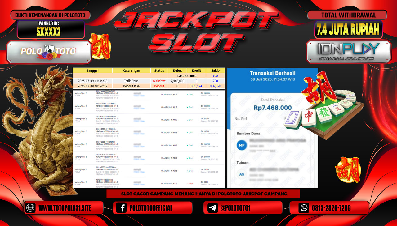 POLOTOTO JACKPOT SLOT MAHJONG WAYS 2 Rp.7.400.000,- LUNAS