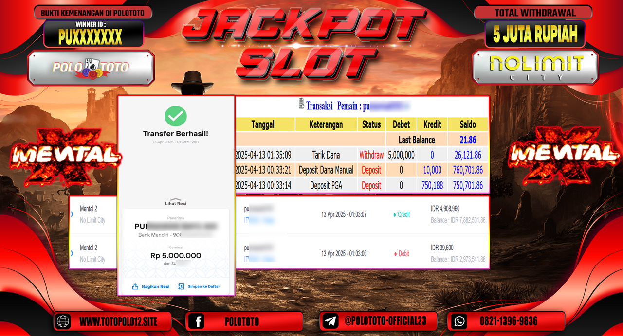 POLOTOTO JACKPOT SLOT MENTAL 2 Rp.5.000.000,-