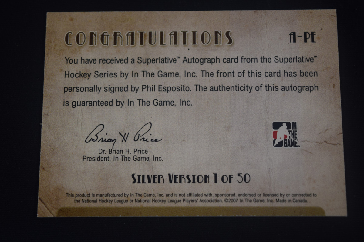 Phil Esposito 2007-08 In the Game Superlative Autograph Signature Silver /50 - Picture 2 of 2