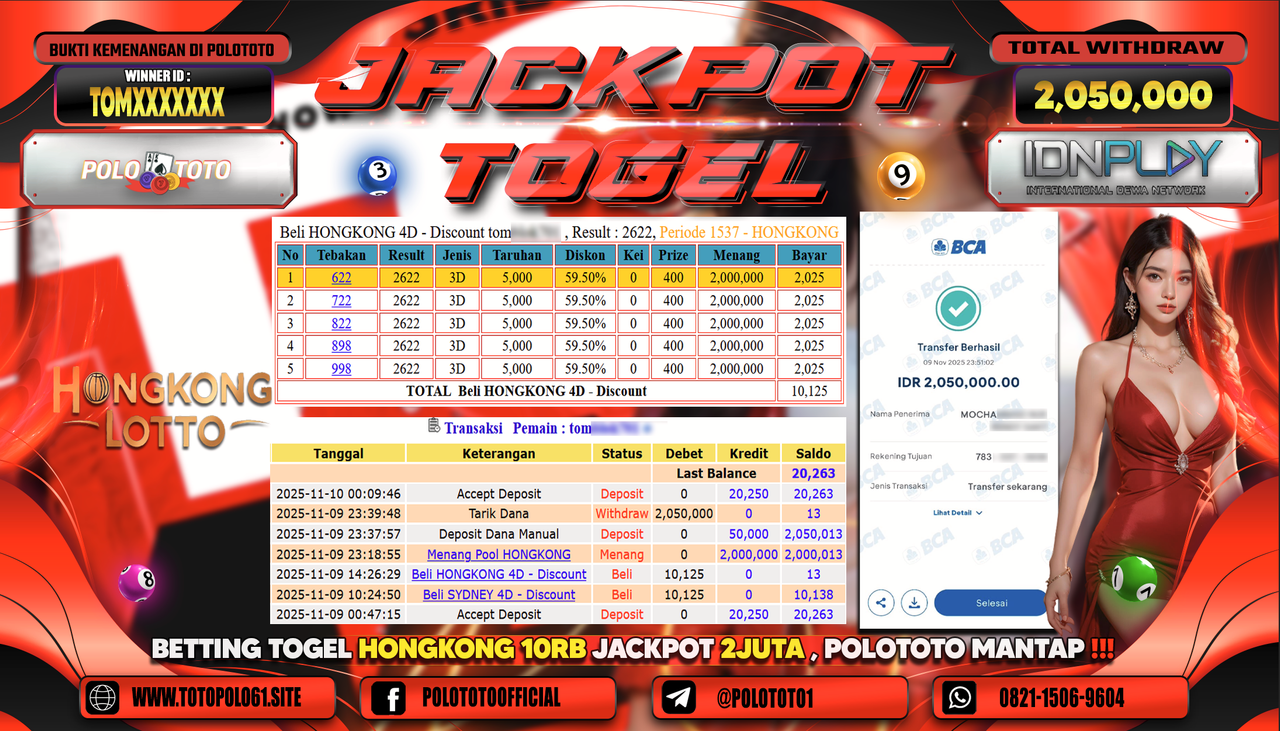 POLOTOTO JACKPOT TOGEL MENANG HONGKONG LOTTO Rp.2.050.000,- LUNAS