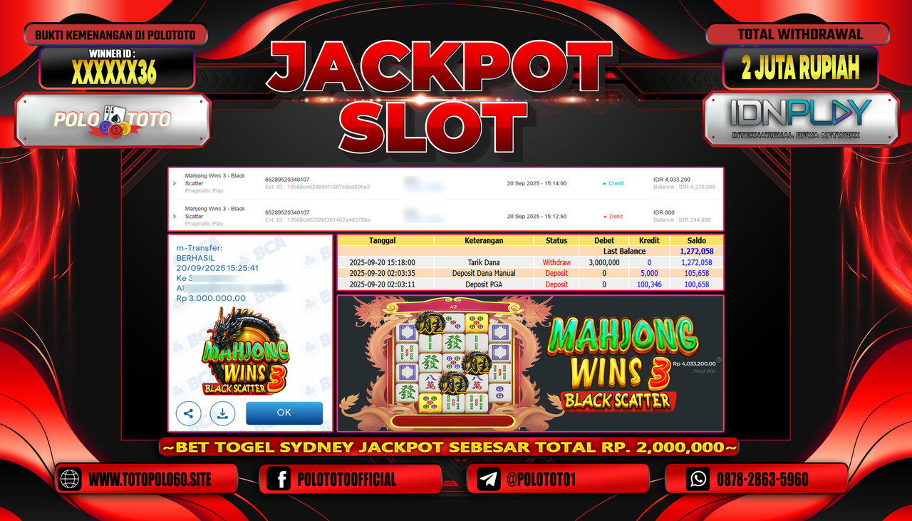 POLOTOTO JACKPOT SLOT MAHJONG WINS 3 - BLACK SCATTER Rp.2.000.000,- LUNAS