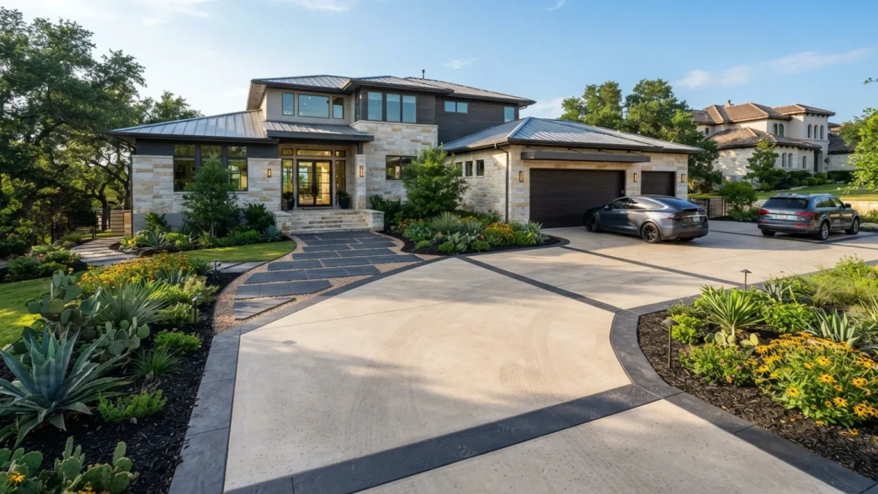 Two-tone concrete driveway multi-zone design San Antonio Texas