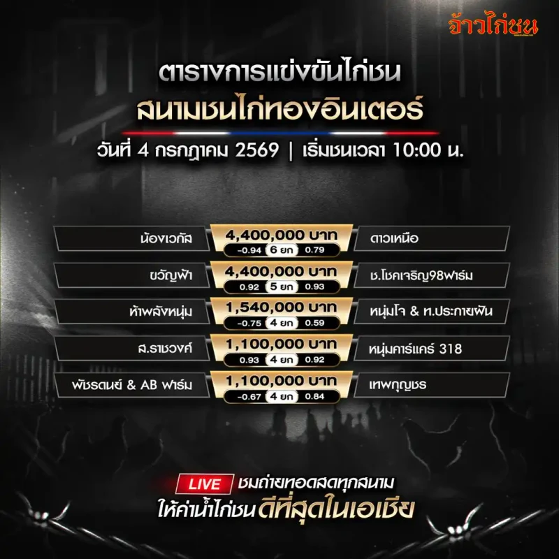โปรแกรมไก่ชน สนามไก่ทองอินเตอร์ วันที่ 4 กรกฎาคม 2026