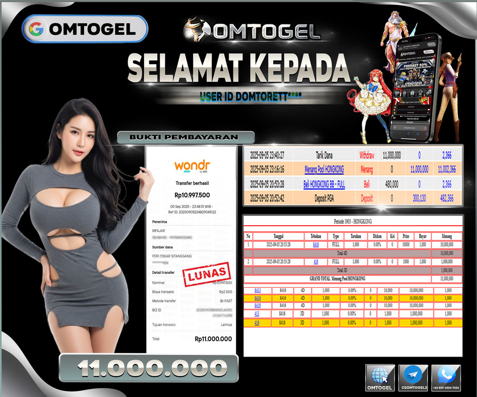 OMTOGEL JACKPOT HONGKONG 4D 3D 11 JUTA DI BAYAR LUNAS ,-
