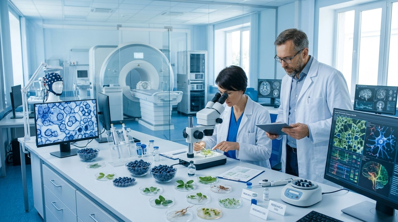 Neuroscientists studying natural compounds in a modern research laboratory