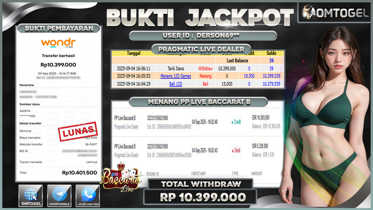 OMTOGEL JACKPOT PRAGMATIC CASINO LIVE BACCARAT B 10 JUTA DI BAYAR LUNAS ,-