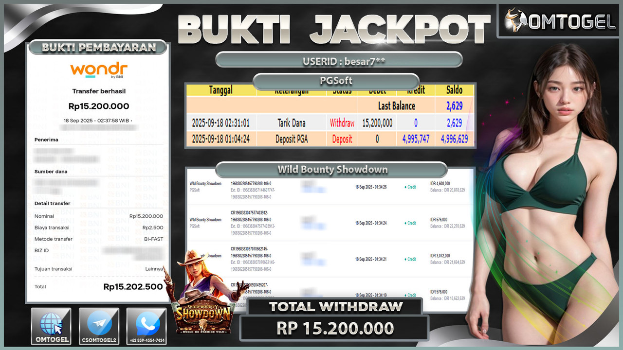 OMTOGEL JACKPOT PGSOFT WILD BOUNTY SHOWDOWN 15 JUTA DI BAYAR LUNAS ,-