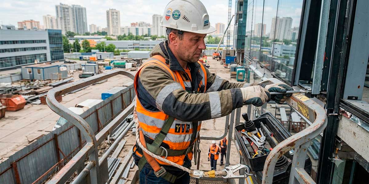 Человек в люльке подъемника